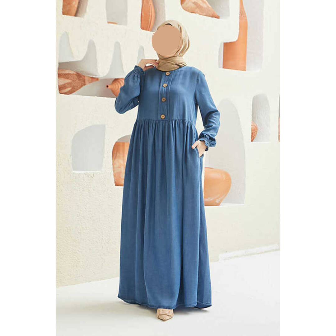 Dark Denim Blue Abaya with Large Decorative Buttons - Muslim Fashion for Women