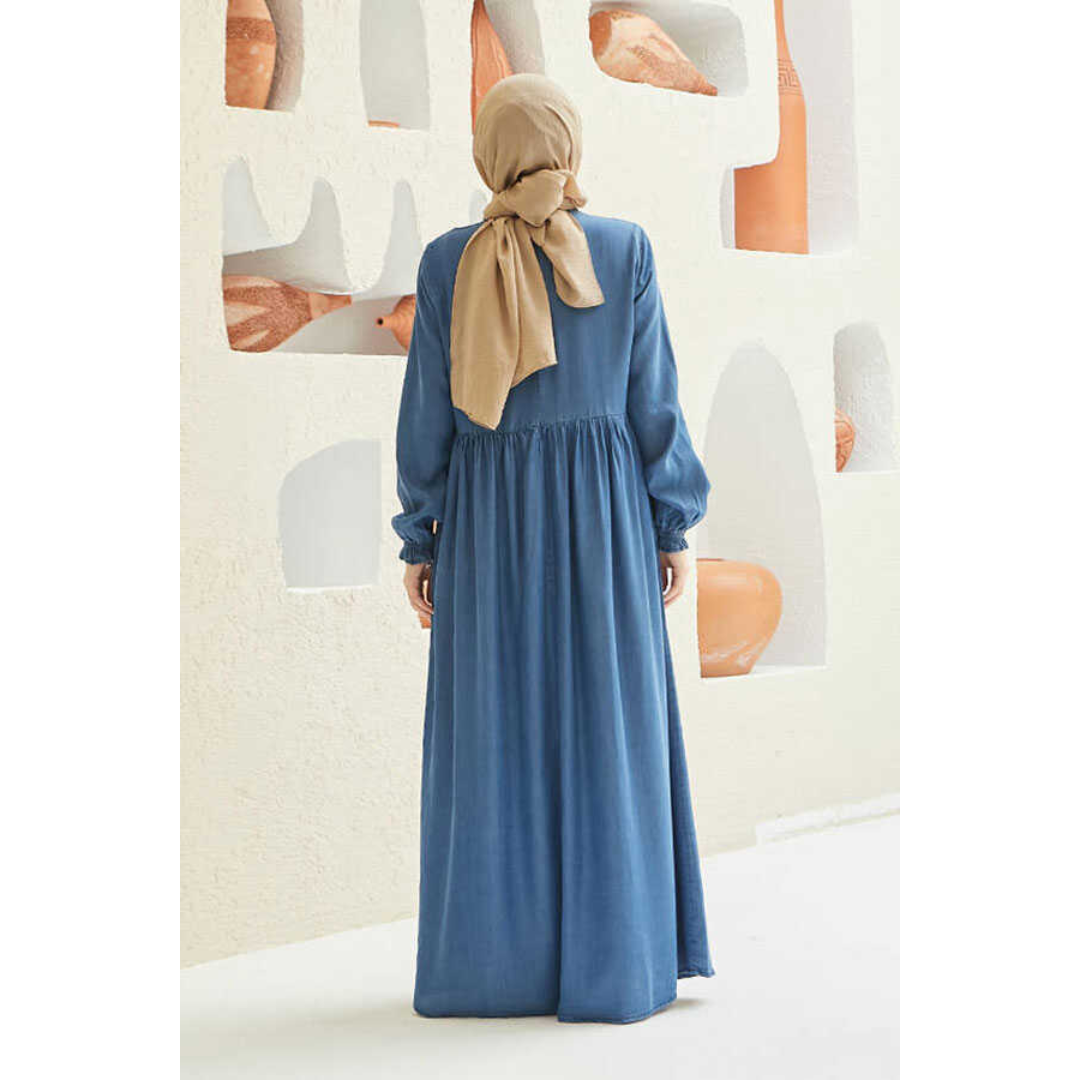 Dark Denim Blue Abaya with Large Decorative Buttons - Muslim Fashion for Women