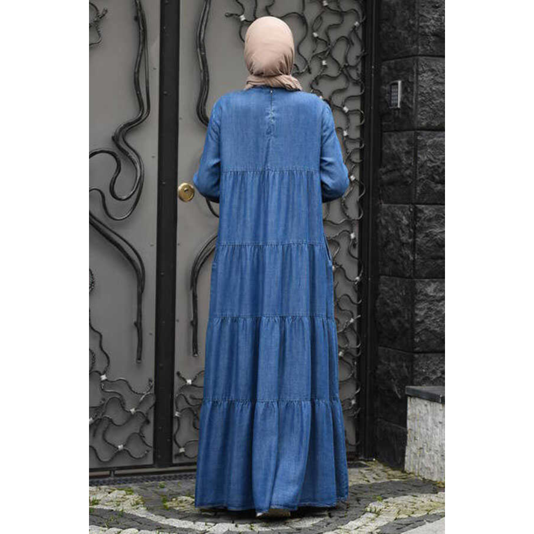 Deep Blue Tiered Denim Jilbab - Modest Long-Sleeve Outerwear for Women