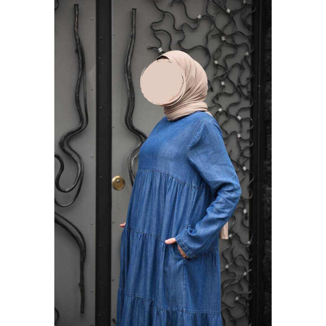 Deep Blue Tiered Denim Jilbab - Modest Long-Sleeve Outerwear for Women