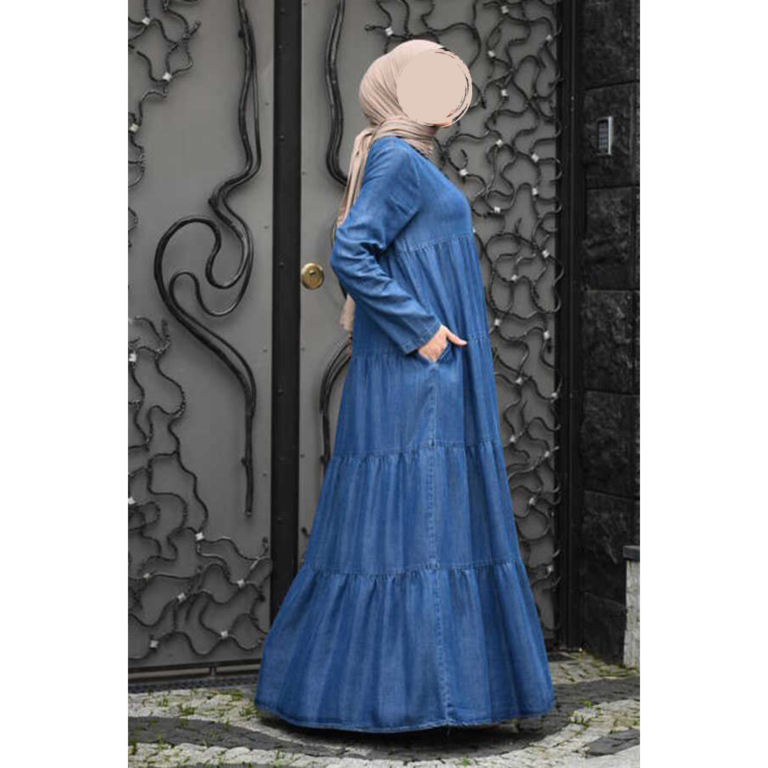 Deep Blue Tiered Denim Jilbab - Modest Long-Sleeve Outerwear for Women