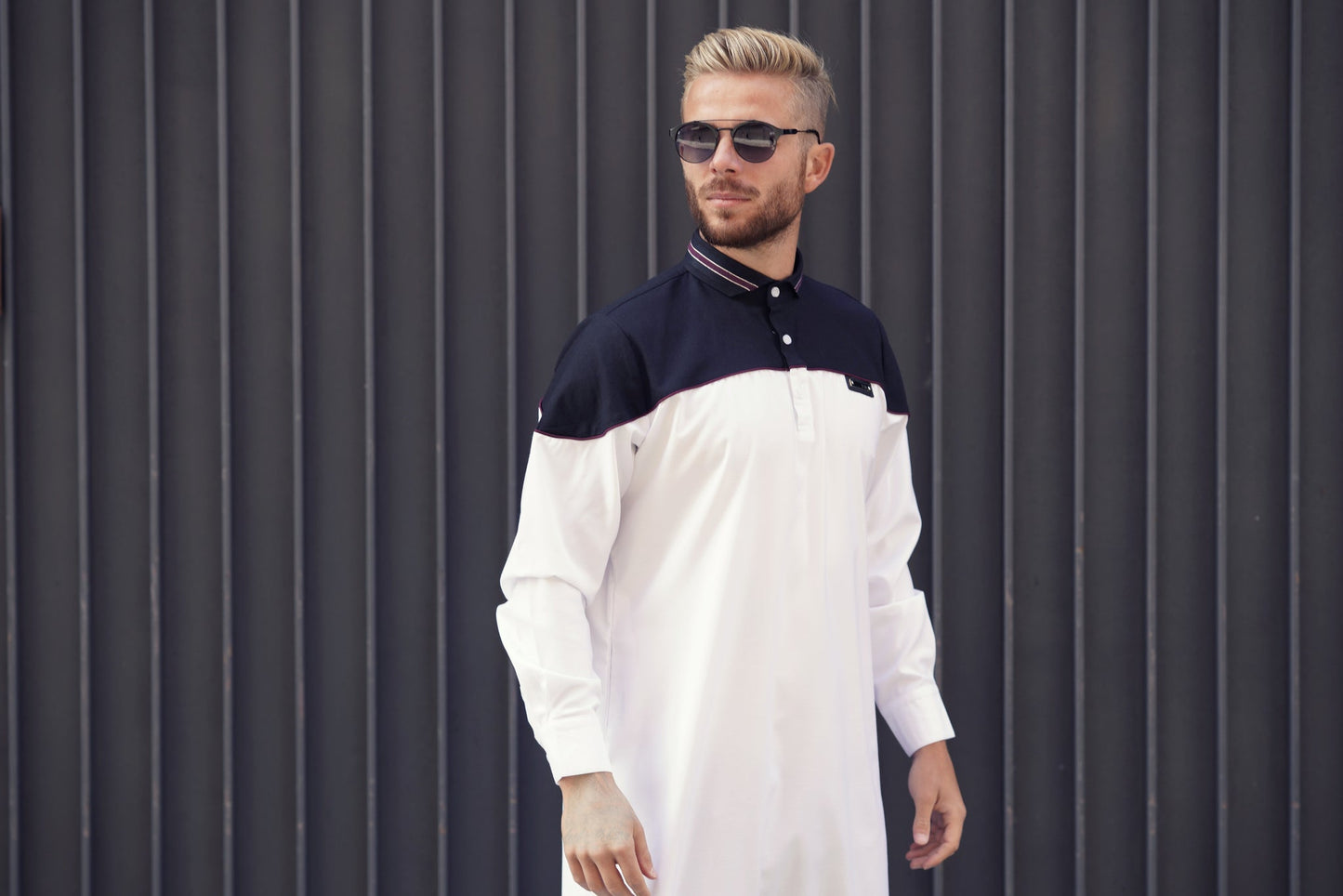 Black and White Polo Thobe - Elegant Designer Muslim Wear from London