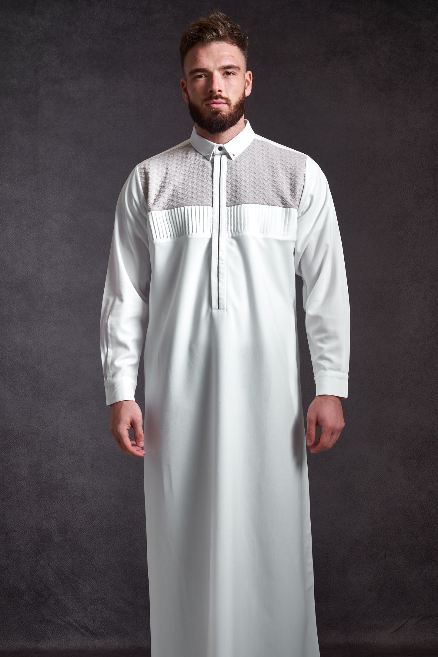 Ruffled White Thobe - Elegant Designer Muslim Wear from London